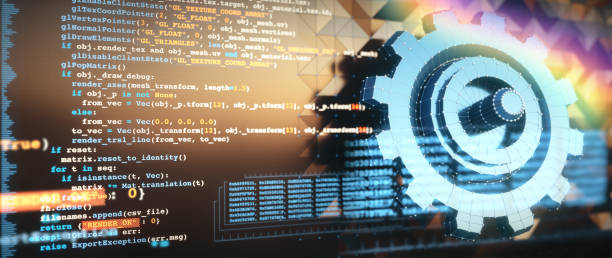 abstract computer aided design concept with python programming language code, computer data and a blue 3d mesh gear model blueprint. - 系統(tǒng)軟件 個照片及圖片檔
